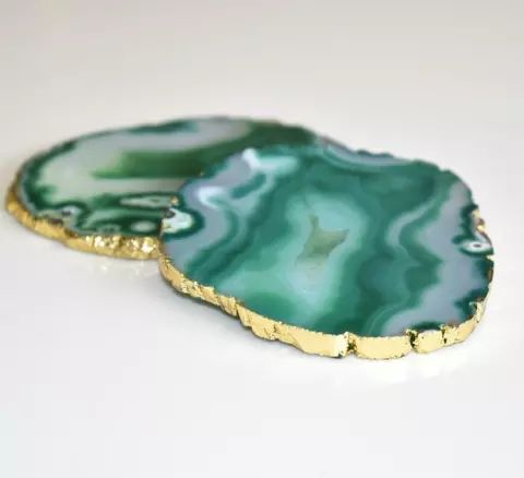 Green Agate Coasters with Gold Rim, Shape : Round