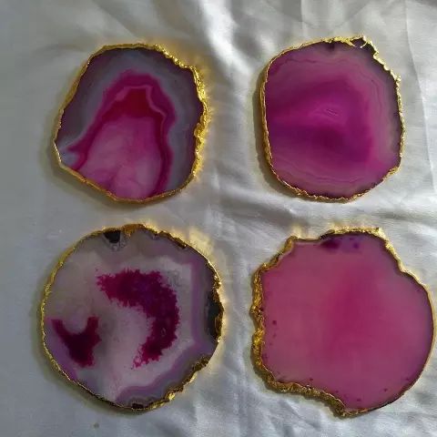 Round Pink Agate Coasters with Gold Rim, Size : 3-5 Inches