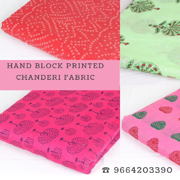 HAND BLOCK PRINTED CHANDERI FABRIC, for Garments, Blazer, Width : 44 inches
