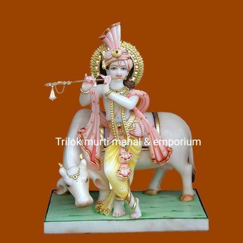Marble Krishna Statue With Cow
