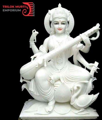 Marble Saraswati Mata Statue, for Temple, Color : White