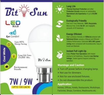AC Plastic Electric BITSUN 9W LED BULB, for Domestic, Industrial, Power : 0-5Kw