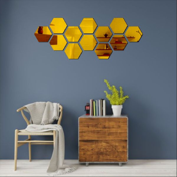 Acrylic Hexagon Golden Wall Sticker, for Home, Hotels, Offices, Shape : Round