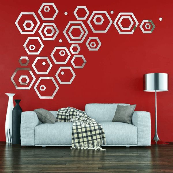 Round Hexagon Ring Silver Wall Sticker, for Home, Hotels, Offices