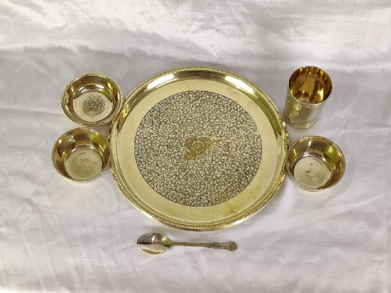 Round Brass Carved Dinner Thali Set, Size : Standard, Color : Brown at Best  Price in Bilaspur