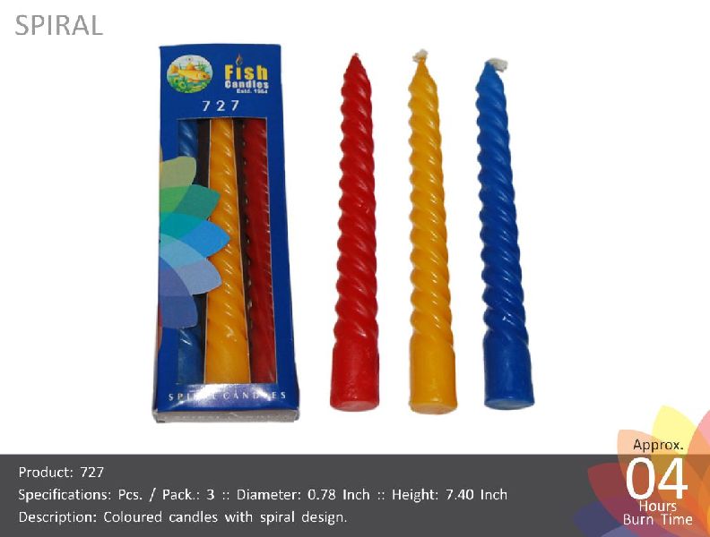 Cylindrical Paraffin Wax Spiral Candle - 727, for Smokeless, Attractive Pattern, Technics : Machine Made