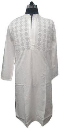Embroidered Mens Chinese Collar Kurta, Color : White