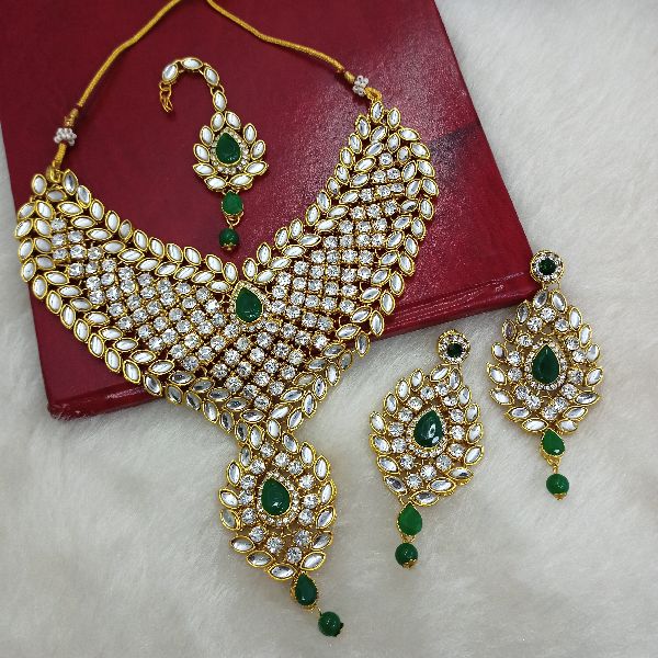 Gold Plated Indian Traditional Wedding &amp;amp; Party Wear Kundan CZ Green Necklace Earrings wi