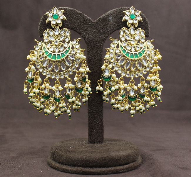 Pachi Kundan Chand Bali Green Color Long Gold Plated Earrings