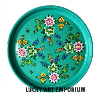 HAND PAINTED STEEL ROUND TRAY, for SERVING, Size : 3O CM.