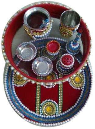 Om Handicraft Paint Coated Stainless Steel Karwachauth Pooja Thali