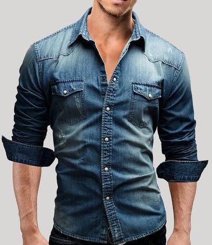 Long Sleeve Mens Denim Shirt, for Breathable, Technics : Attractive Pattern