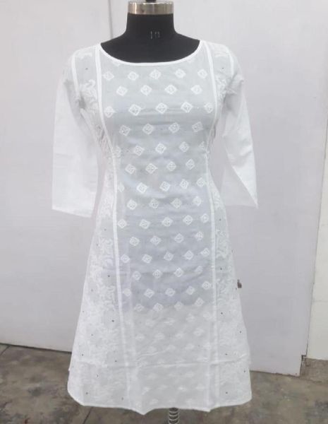 Stitched Full Sleeve RFF-312 Lucknowi Chikankari Long Kurti, Pattern : Printed