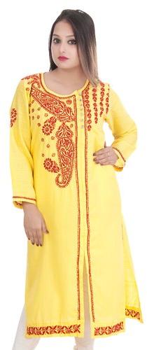 3/4th Sleeve Straight Angrakha Style Rayon Slub Kurti, Color : Yellow