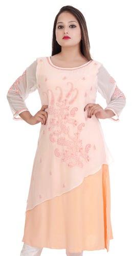 Georgette Rayon Lucknowi Chikan Kurti, Sleeve Style : 3/4th Sleeves