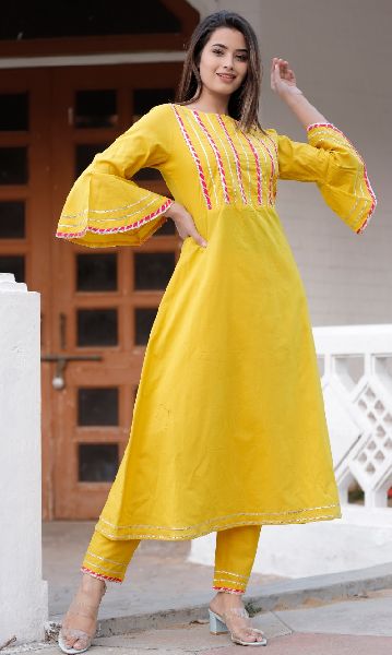 Yellow Lucknowi Chikankari Work Rayon Kurti Pant Set With Dupatta  garment  villa