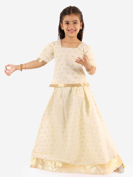 Kids Gold Weave Jacquard White Lehenga Choli