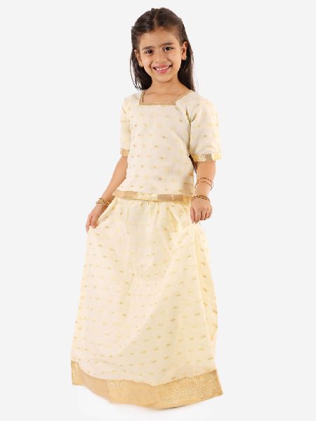 Kids Gold Weave Jacquard White Lehenga Choli