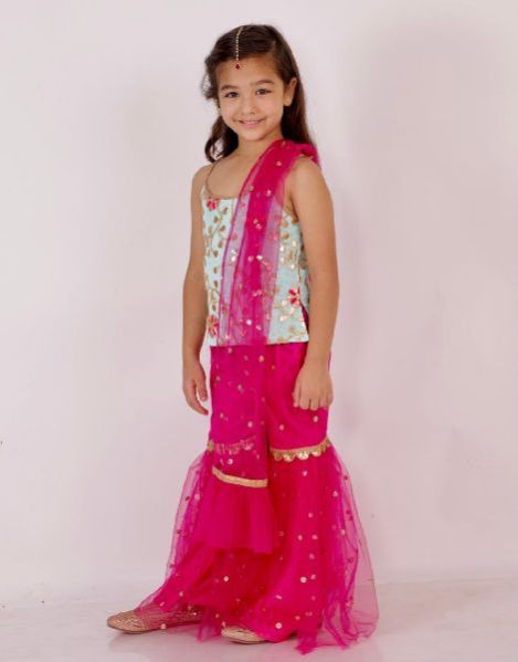 Girls Net Top and Sharara Set, Feature : Comfortable, Impeccable Finish, Quick-dry