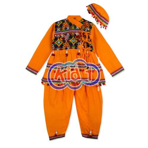 Orange Colour Gujarati Kedia Garba Dress for Boys Dhoti, Angrakha & Cap -  Itsmycostume