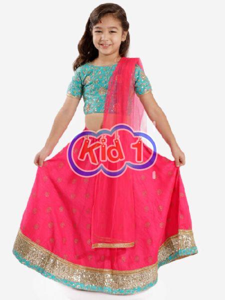 Silk Kids Embroidered Lehenga Choli, Feature : Dry Cleaning, Stitched