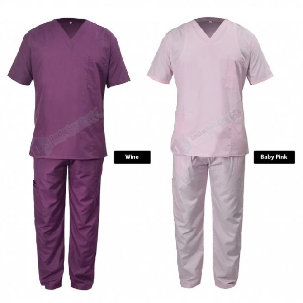 Scrub Suit, Color : Wine, Baby Pink, Bottle Green, Sea Green, Red, Sky Blue, Royal Blue, Navy Blue