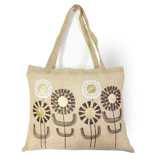 Flower With Gold Pattern Jute Bag