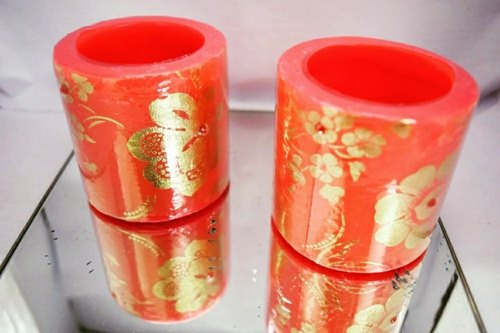 Cylindrical Paraffin wax Red Hurricane Candle, Pattern : Golden Floral Printed