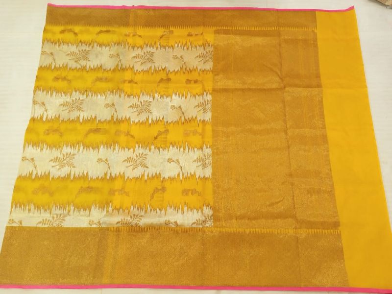 Yellow Banarasi Kora Silk Saree, Feature : Dry Cleaning