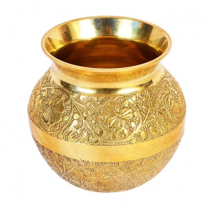 Hand Carved Brass Kalash, for Workship, Shape : Round