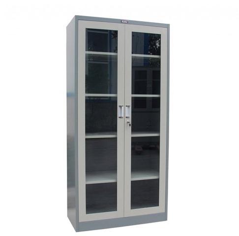 Double Door Mild Steel Glass Library Cupboard, Color : Grey