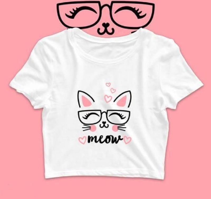 Cat Meow Print Women Crop T-Shirts