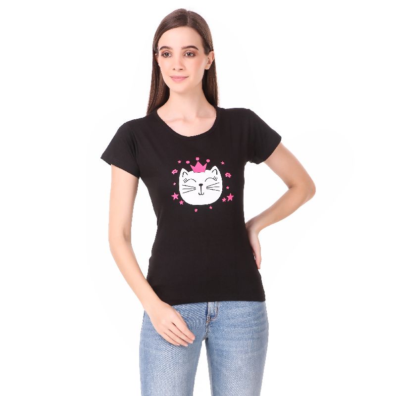 Half Sleeves Crown Cat Print Women T-Shirts, Pattern : Printed