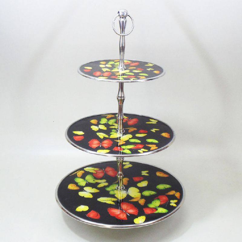 Round Polished Steel Printed Cake Stand, Color : Multicolor