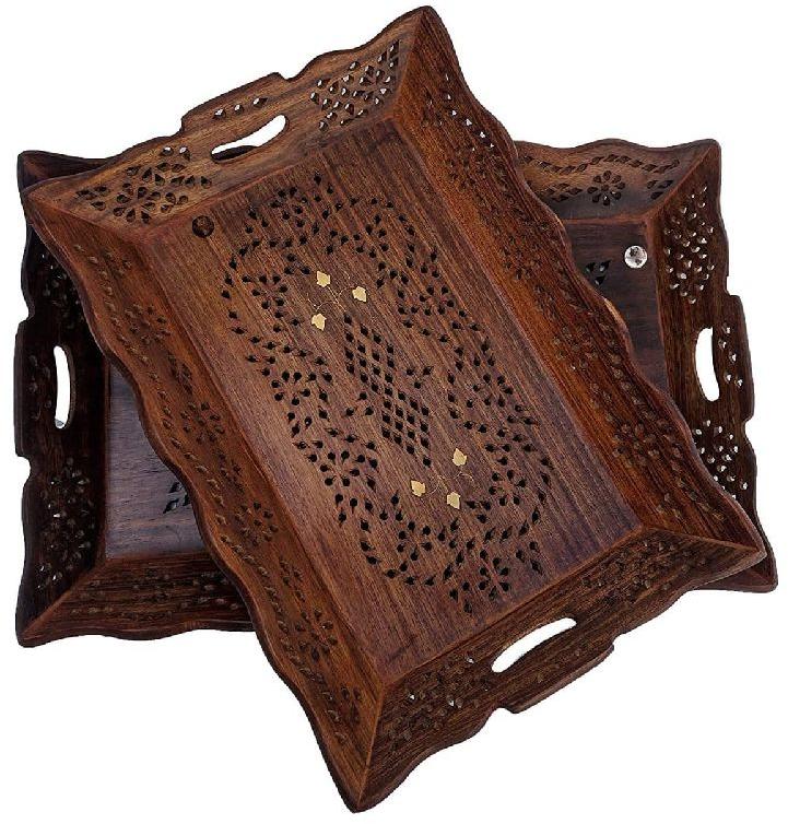 Polished Sone Carved Wooden Tray, for Homes, Hotels, Restaurants, Banquet, Biscuit Packaging, Feature : Unmatched Quality