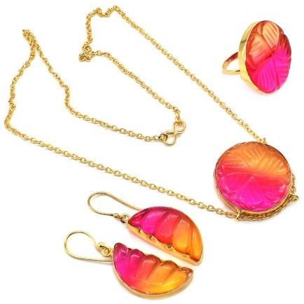 Bio Tourmaline Quartz Flower Carved Necklace Set