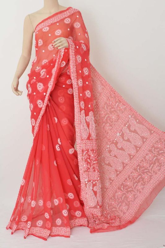 Unstitched Cotton Lucknowi Embroidered Saree, Occasion : Party Wear