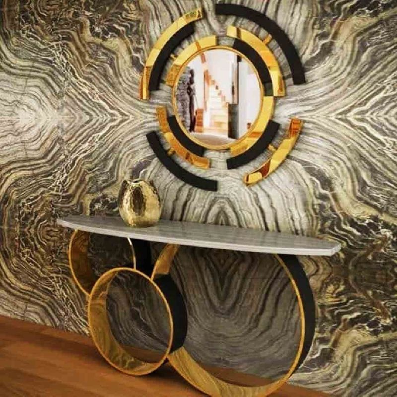 Golden Ring With Mirror Set Metal Console Table