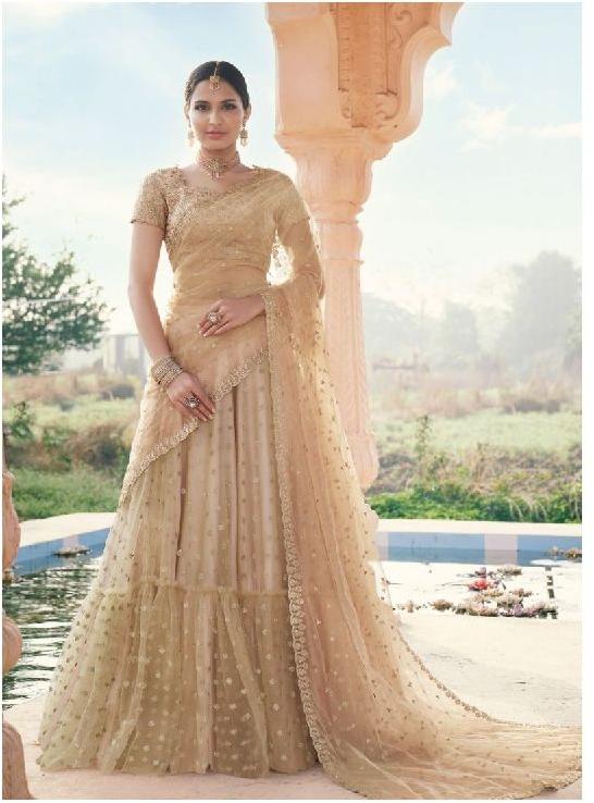 Beige Net Satin Embroidered Lehenga