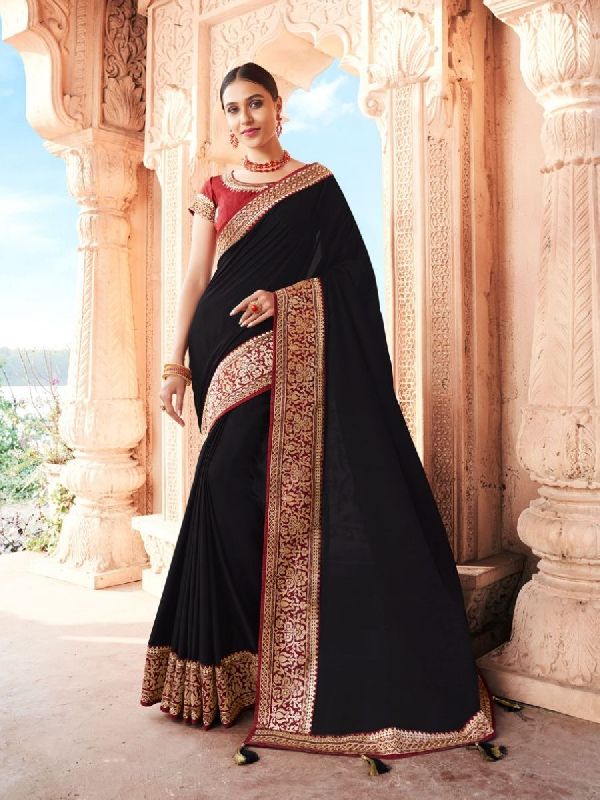 Black Dola Silk Saree, Pattern : Zari Embroidered