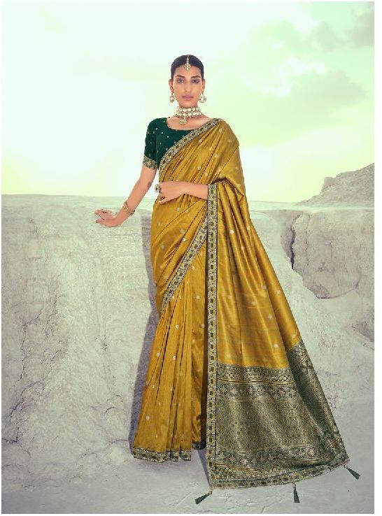 Yellow Embroidered Slub Silk Saree, Pattern : Embroidery