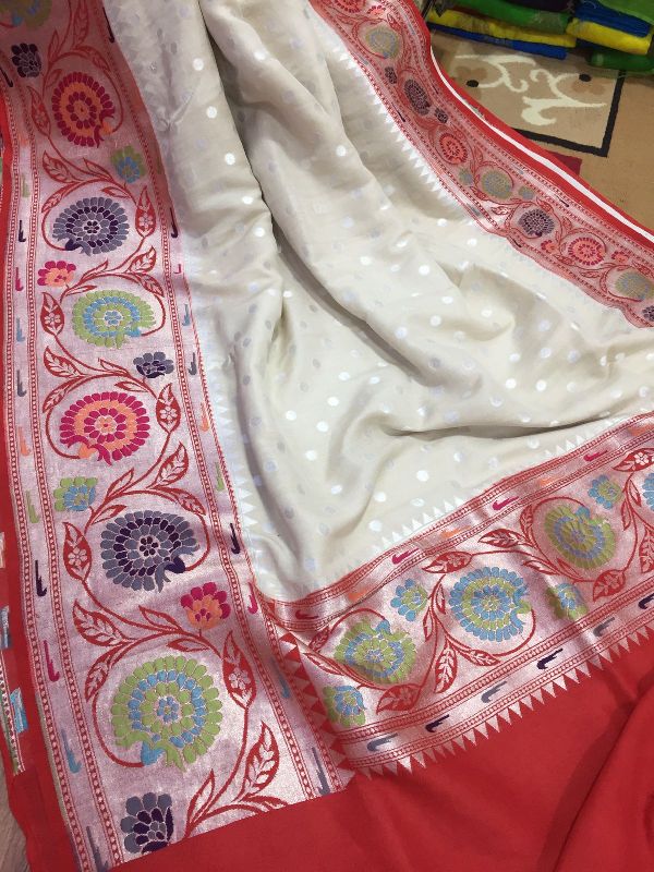 Cream &AMP; Red Pure Handloom Khaddi Tussar Georgette Silk With Kadhwa Border &AMP; Pallu Paithani Meena Wea