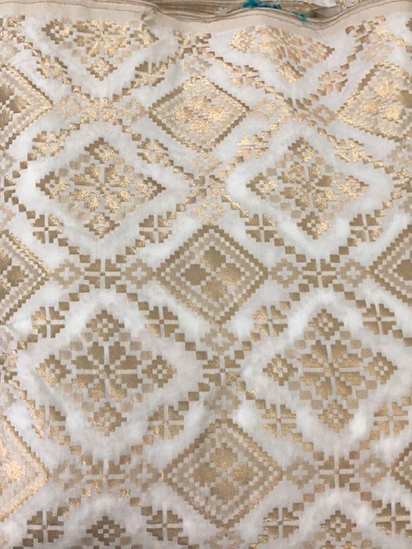 Dyeable Banarasi Semi Katan Silk With Gold Zari Weave White Fabric