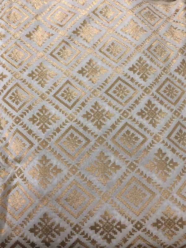 Dyeable Banarasi Semi Katan Silk With Gold Zari Weave White Fabric