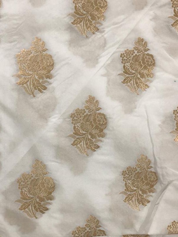 Dyeable Banarasi Semi Katan Silk With Gold Zari Weave White Fabric