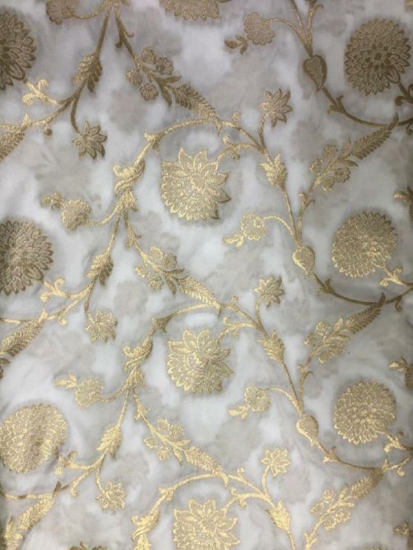 Dyeable Banarasi Semi Katan Silk With Gold Zari Weave White Fabric