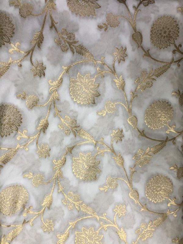 Dyeable Banarasi Semi Katan Silk With Gold Zari Weave White Fabric