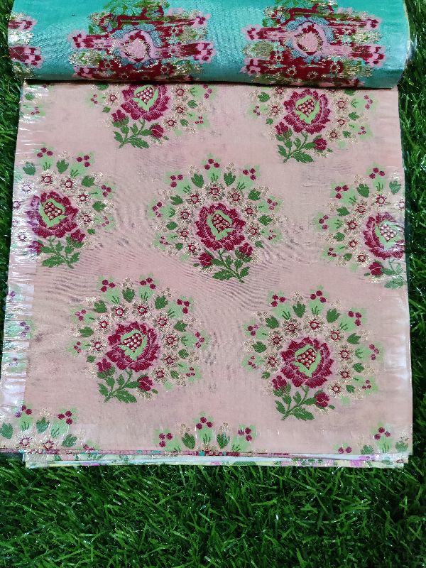 Banarasi Semi Katan Silk With Leaf Flowers Meena Weaved Brocade Fabric