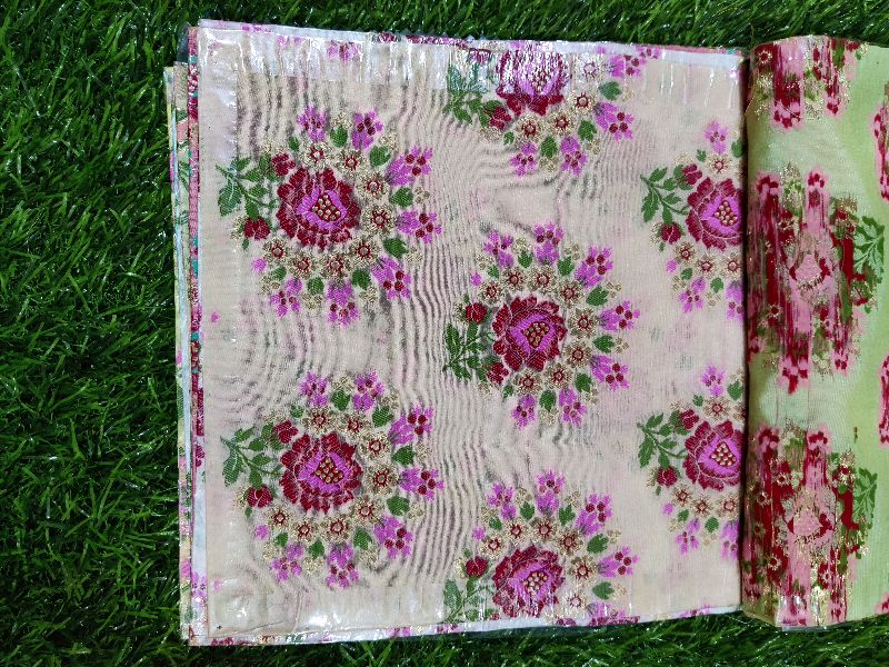 Banarasi Semi Katan Silk With Leaf Flowers Meena Weaved Brocade Fabric