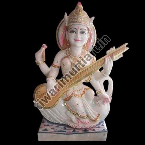27 Inch Marble Saraswati Mata Statue, for Worship, Temple, Interior Decor, Pattern : Painted